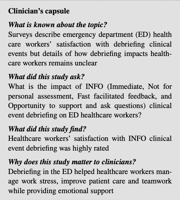 Interprofessional clinical event debriefing-does it make a difference? Attitudes of ED care providers to INFO clinical event debriefings by Stuart C. Rose et al. rdcu.be/cZKpL Conclusion: this study provides further evidence supporting debriefing in clinical care areas