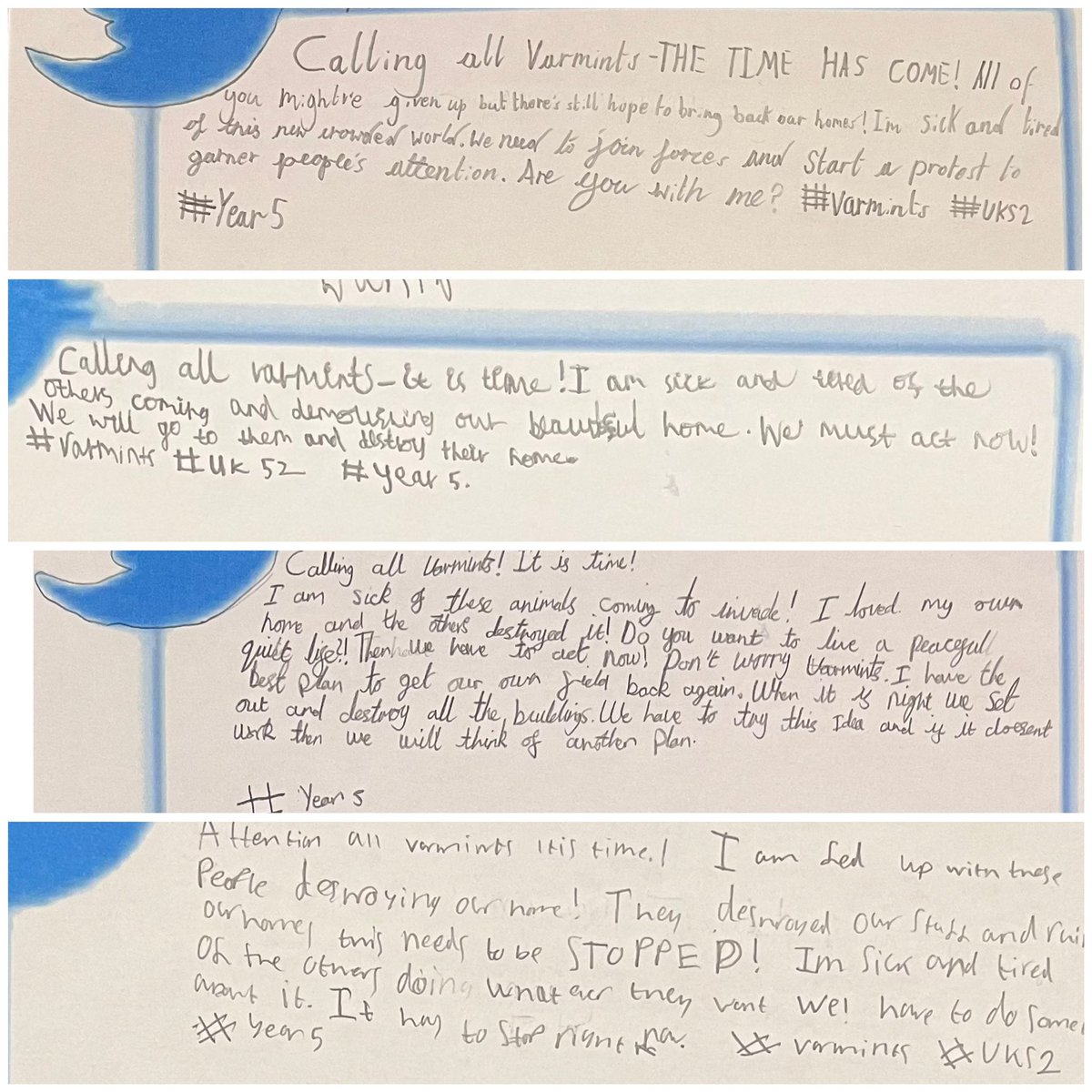 CubittTownYear5's tweet photo. Today we wrote tweets as varmints in order to appeal for help to stop the Others industrialising our beautiful land & destroying our homes. We needed to convince our varmint friends to take action.
Tomorrow we will be writing emails detailing our points. #UKS2 #Varmints #Writing https://t.co/kMi9juug8u