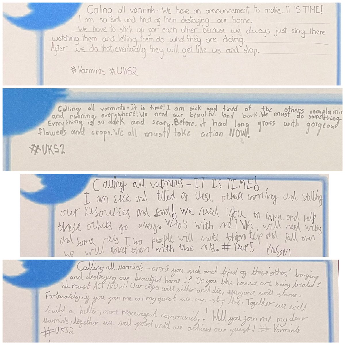 CubittTownYear5's tweet photo. Today we wrote tweets as varmints in order to appeal for help to stop the Others industrialising our beautiful land & destroying our homes. We needed to convince our varmint friends to take action.
Tomorrow we will be writing emails detailing our points. #UKS2 #Varmints #Writing https://t.co/kMi9juug8u