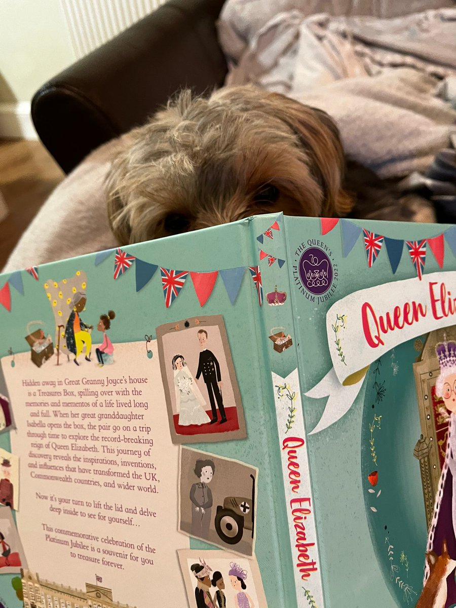 #Bookweekscotlandpets Gerty enjoying reading Maddie and Abby's book about Queen Elizabeth @CallanderP
