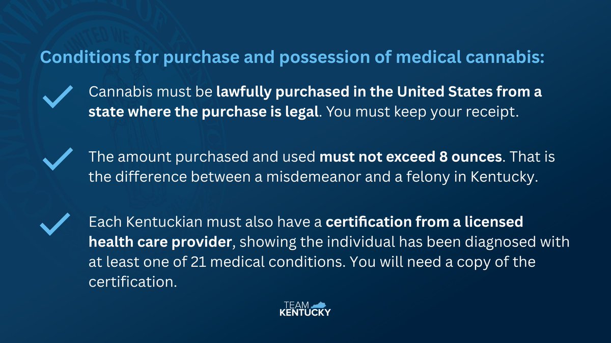 Today I signed an executive order that will allow Kentuckians with certain severe medical conditions to possess and use small amounts of medical cannabis if the following conditions are met. 

Read more on the plan, which will go into effect Jan. 1, 2023: bit.ly/3AjP5JD