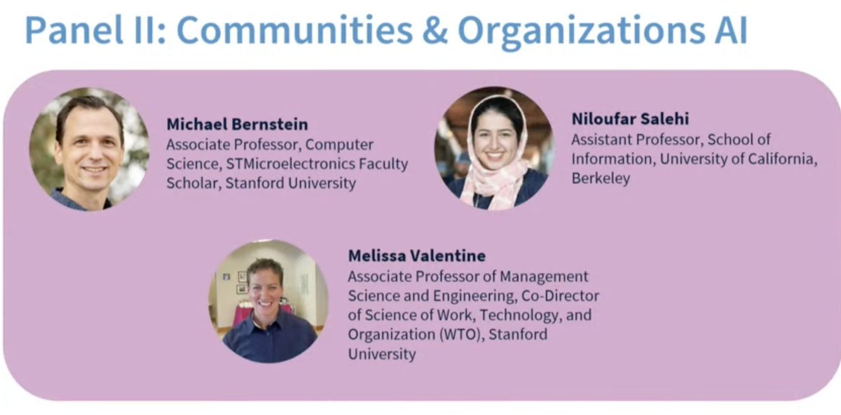 Stanford Human-Computer Interaction Group (@stanfordhci) on Twitter photo Another exciting panel on Communities, Organizations and AI, feat. MSB (<a href="/msbernst/">Michael Bernstein</a>), Niloufar Salehi (<a href="/niloufar_s/">niloufar s</a>) and Melissa Valentine (<a href="/stanfordmav/">Melissa Valentine</a>) Another exciting panel on Communities, Organizations and AI, feat. MSB (<a href="/msbernst/">Michael Bernstein</a>), Niloufar Salehi (<a href="/niloufar_s/">niloufar s</a>) and Melissa Valentine (<a href="/stanfordmav/">Melissa Valentine</a>)