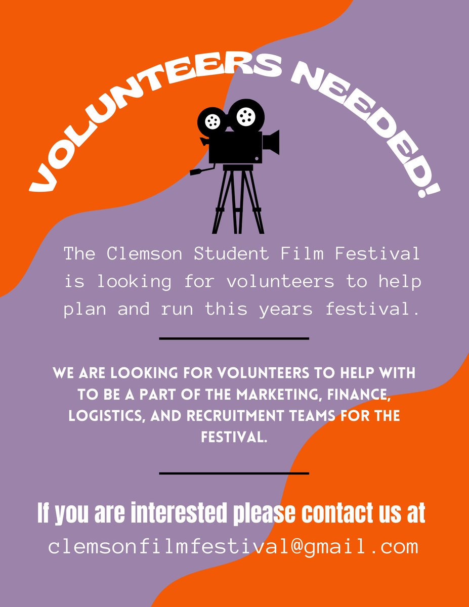 Erica Walker (@ebwalker101) on Twitter photo Would you like to be involved with planning the Clemson Film Festival, Spring 2023? They need creatives and business students to help with the event.
@clemsongc <a href="/clemsonbusiness/">Wilbur O. and Ann Powers College of Business</a> <a href="/ClemsonFilm/">Clemson Film Club</a> Would you like to be involved with planning the Clemson Film Festival, Spring 2023? They need creatives and business students to help with the event.
@clemsongc <a href="/clemsonbusiness/">Wilbur O. and Ann Powers College of Business</a> <a href="/ClemsonFilm/">Clemson Film Club</a>