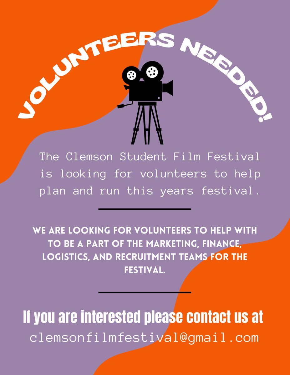 Would you like to be involved with planning the Clemson Film Festival, Spring 2023? They need creatives and business students to help with the event. @clemsongc @clemsonbusiness @ClemsonFilm