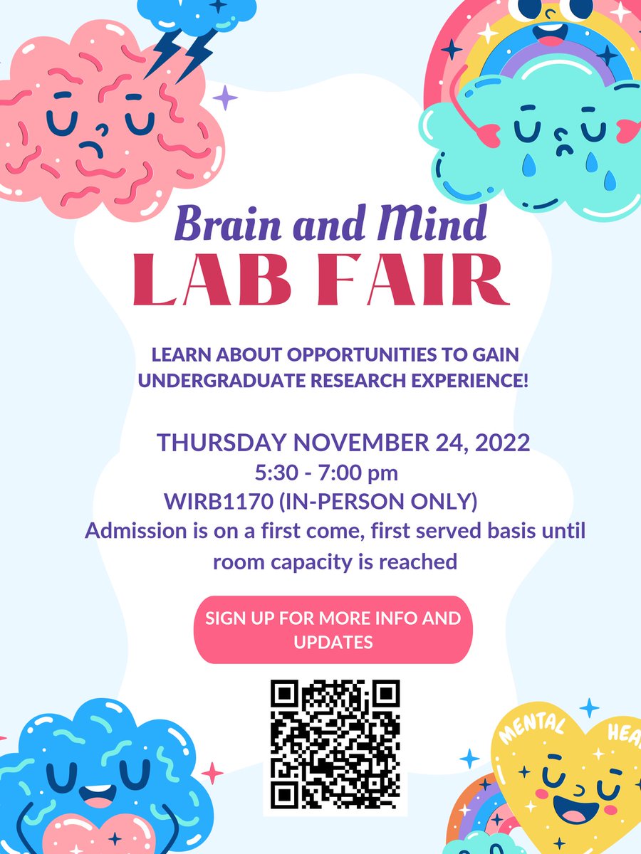 Just over one week away! The Brain and Mind Lab Fair will be on Nov 24 at 5:30pm at WIRB1170. 🧠 We have labs from Psych, Neurosci, and Health Sci! If you're an undergrad student looking to get started in research, THIS IS FOR YOU! 🫶🫶 Sign up or reach out for more info!