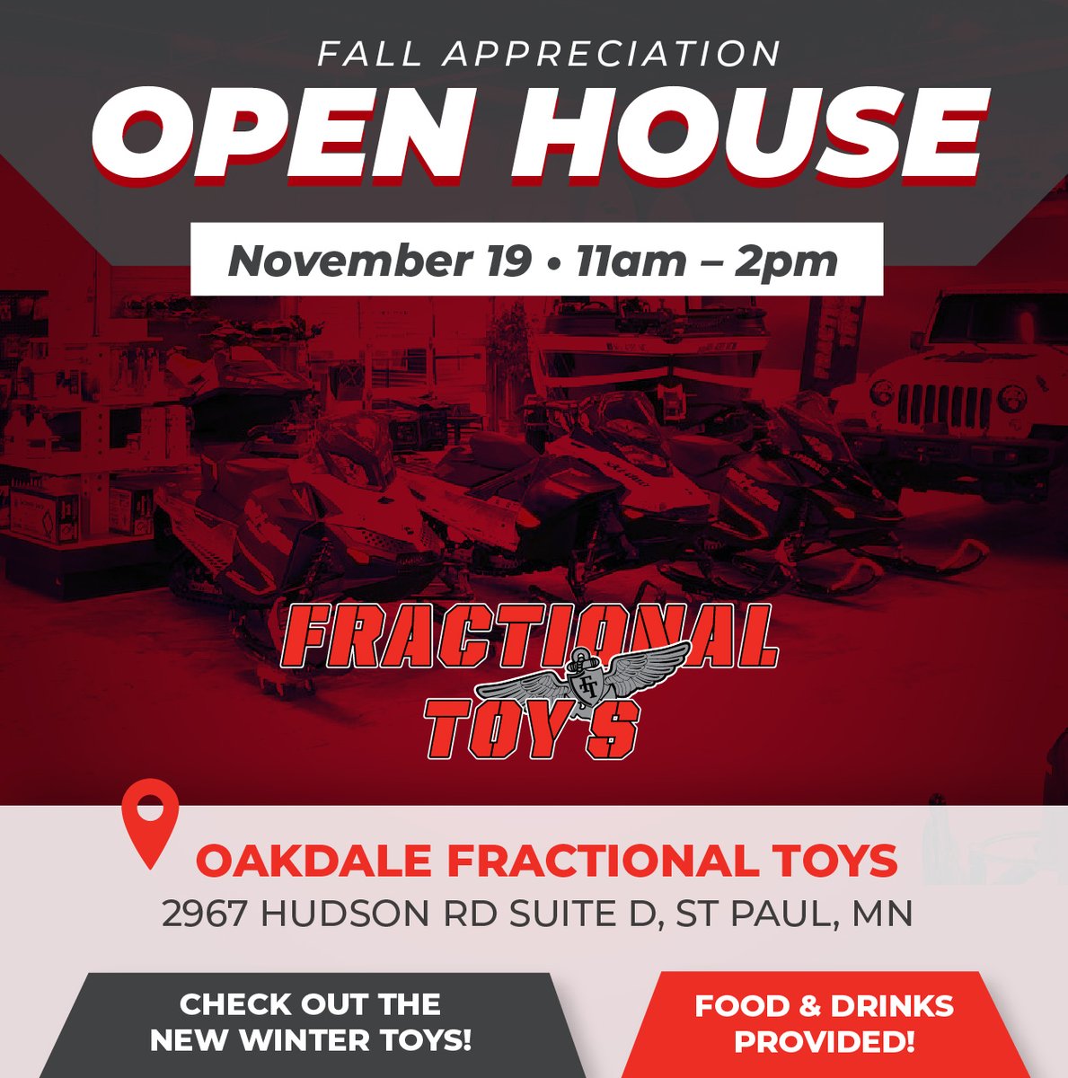 We hope you'll join us at our Open House this Saturday, where we'll be unveiling some new powersports toys. Food &amp; beverages will be provided and we're giving away an incredible gift for new members!