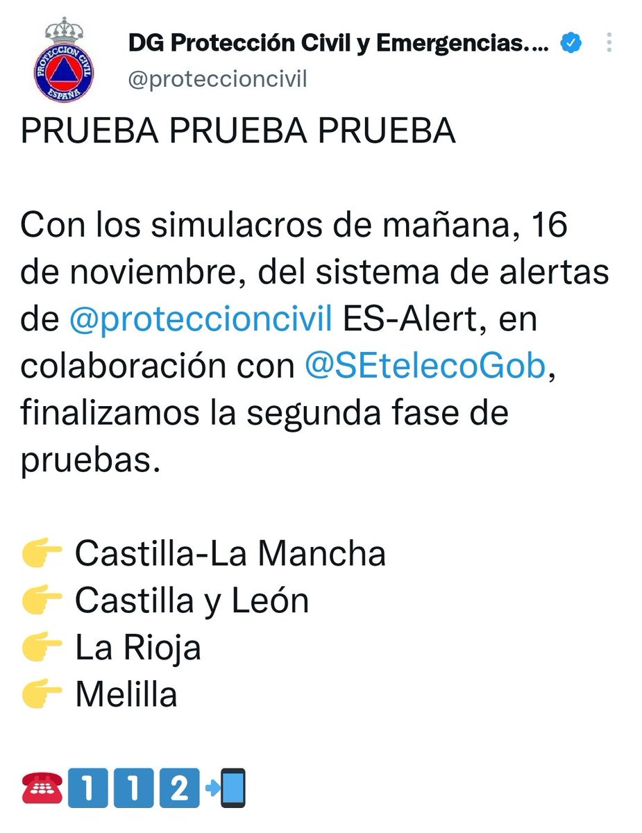 pcivilalbacete's tweet photo. Mañana día 16 de noviembre se procederá a realizar el simulacro de alertas en Castilla La Mancha que ha gestionado @proteccioncivil ⚠️ Recordad que es solo una prueba y será vía SMS 📳

#albacete #proteccioncivilalbacete https://t.co/SFMgtR9apv