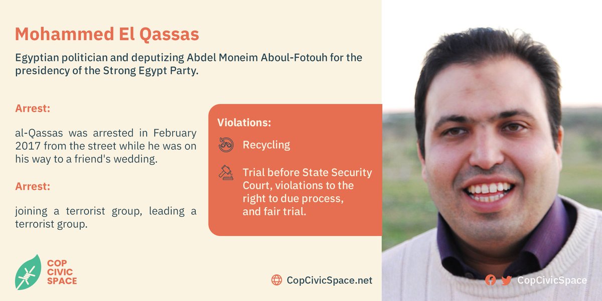 As #COP27 continues, we call on #Egypt to release Mohammed El Qassas, an Egyptian politician, and vice president of the Strong Egypt Party.

#FreeCivicSpace #FreeThemAll 

copcivicspace.net/mohammed-el-qa…