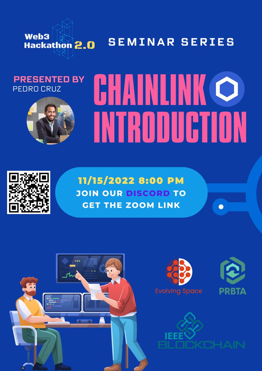 Evolving_Space's tweet photo. ¡Saludos a todos! Tenemos nuestro primer seminario hoy a las 8 pm AST en el Web3 Hackathon 2.0. Chainlink Introduction por Pedro Cruz. ¡No te lo pierdas! https://t.co/WzZpCAcRRo
