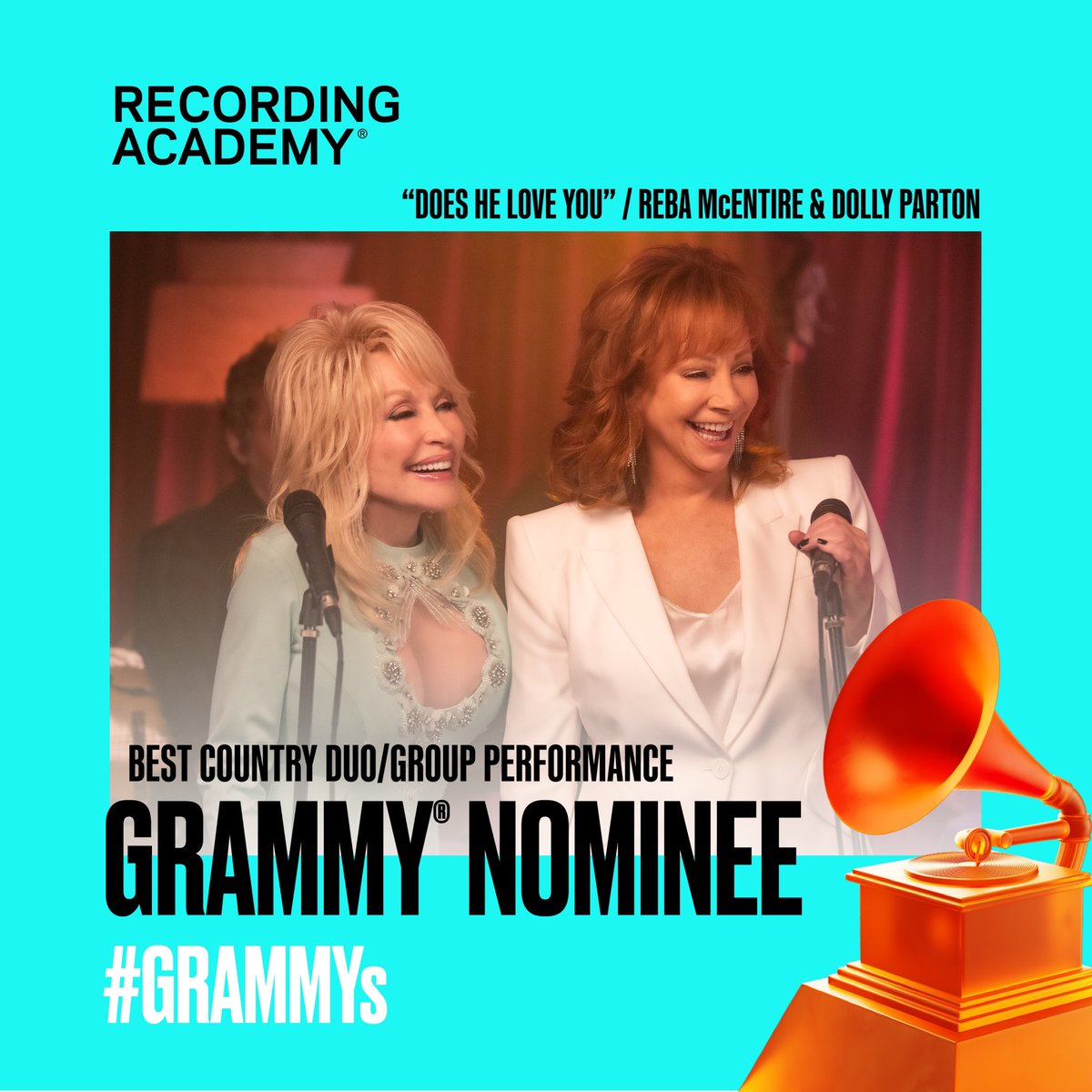 reba's tweet photo. Never thought I’d get a #GRAMMYs nomination for the same song a second time! Thank you Billy Stritch and Sandy Knox for a great song, and thank you @DollyParton for making a dream come true by singing with me on this new “Does He Love You.” https://t.co/tibJI8LWSS