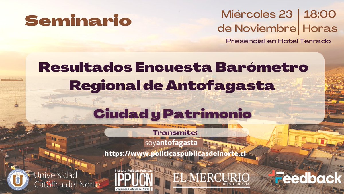 ippnorte's tweet photo. 📢📢📢📢📢📢📢
Invitamos a la comunidad Antofagastina a participar del Seminario de Ciudad y Patrimonio a realizarse el día Miércoles 23 de noviembre a las 18:00 hrs en el Hotel Terrado.

Confirmar asistencia al correo ipp@ucn.cl 😉 https://t.co/ct2ag9OP7F