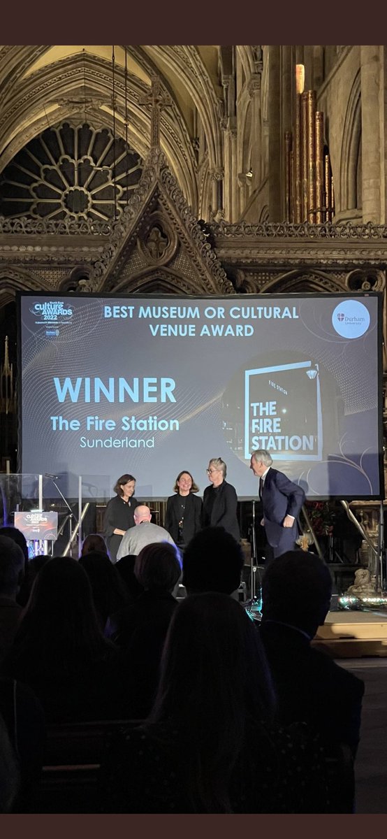 Proud to be with the wonderful @BallBecca and the incredible @Tamsinontour in the majestic @durhamcathedral receiving the award for North East Best Cultural Venue 2022 for @FireStationSun. Thanks @ace_national, @HeritageFundUK @SunderlandUK & all our supporters. #NECultureAwards