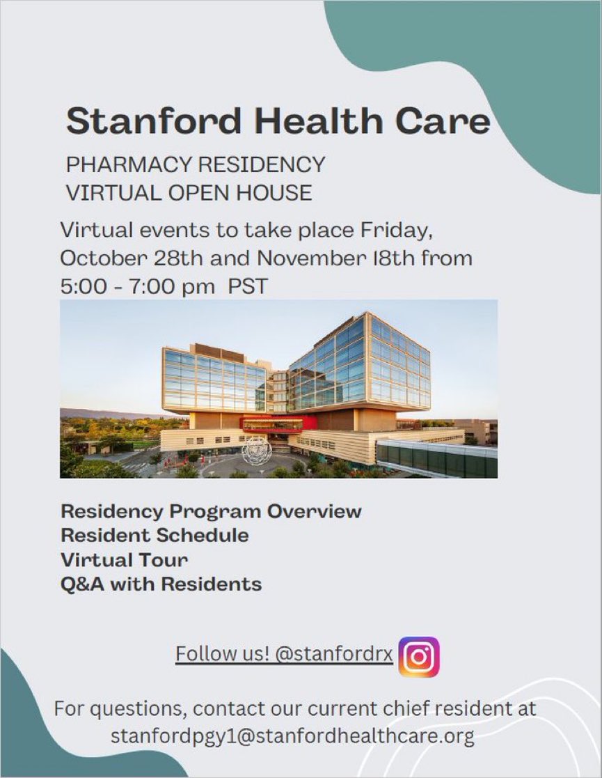 Our second open house is this Friday 11/18 from 5-7pm PST! 

Come by to learn more about SHC’s pharmacy residency programs, meet our program directors and coordinators, and chat with the current residents! 

Link to sign up:
stanforduniversity.qualtrics.com/jfe/form/SV_cU…