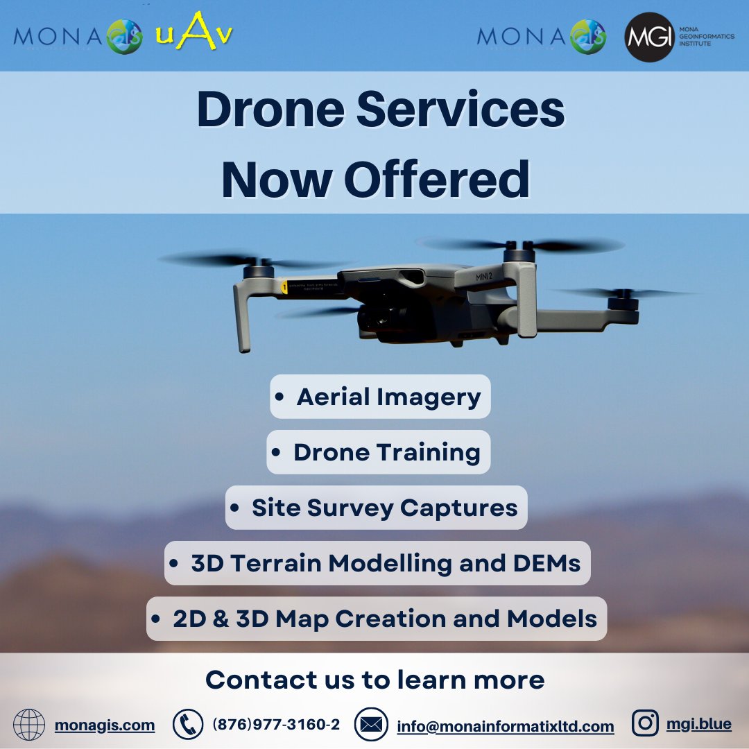 MgiBlue's tweet photo. @MGIMona now offers services in Drone Technology!

Email: info@monainformatixltd.com
Tel: 876-977-3160-2.
Web: https://t.co/yymnjxjA70

Drone Services Page: https://t.co/8RGDpekJrJ 

#drone #dronelife #uav #uavpilot #uwi #jamaica #mona #droneup #dji https://t.co/t9Z34CeDgE