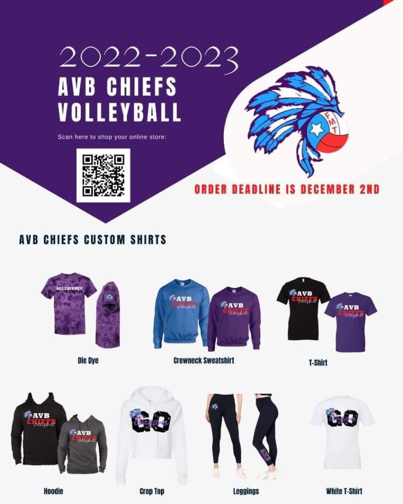 Hello Chiefs! See the catalogue and link for Chief merchandise. Order Deadline is December 2nd. Happy Shopping!! originalsevendesigns.com/avb-chiefs 🏐 💜