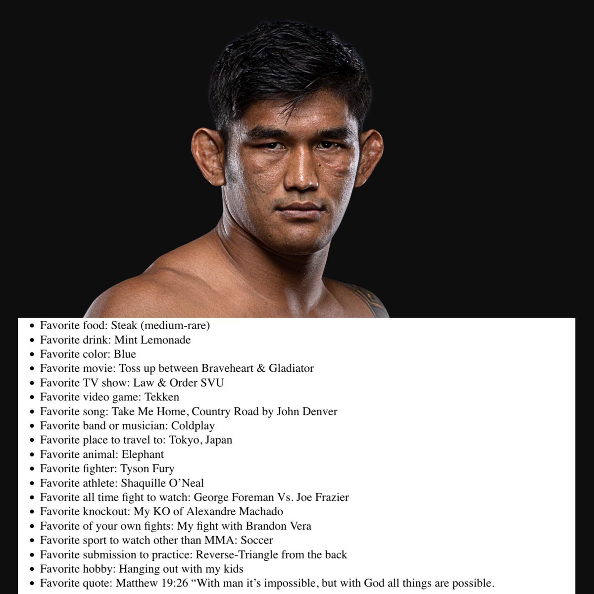 AlexBehunin's tweet photo. Humanizing Athletes:
Aung La N Sang

Aung lists some of his favorite things ahead of his fight this weekend at #ONE163! https://t.co/S0VCd6RyOK