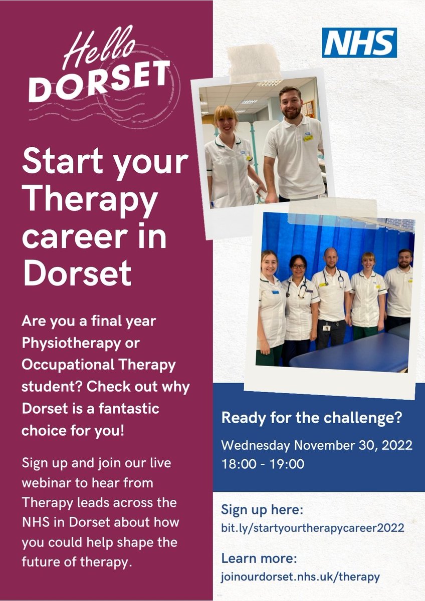 beckygaleOT's tweet photo. Final year Occupational Therapist's/Physiotherapists come to work in beautiful Dorset 💚💙

Amazing opportunity 🌅

Please Share 🔄
@Bournemouth_OT @BUPhysio @UoW_OccTherapy @WinchesterPhys1 @exeterphysio @RCOTStudents @CSPsouthwest @DorsetAhps @CTPooleTherapy https://t.co/oURg7VhVW4