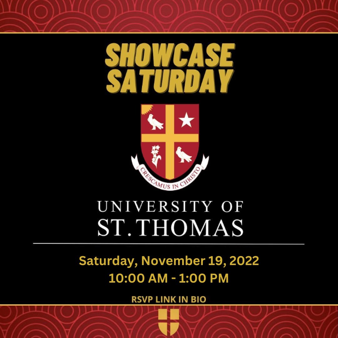stthomashouston's tweet photo. #FutureCelt We invite you and your family to learn more about UST at our Showcase Saturday on Nov. 19!
Meet our Admissions Reps and Presidential Ambassadors, attend academic sessions, interact with various offices, obtain UST swag and so much more!
RSVP: https://t.co/x7xffPc1GE https://t.co/eKeyDqoyXf