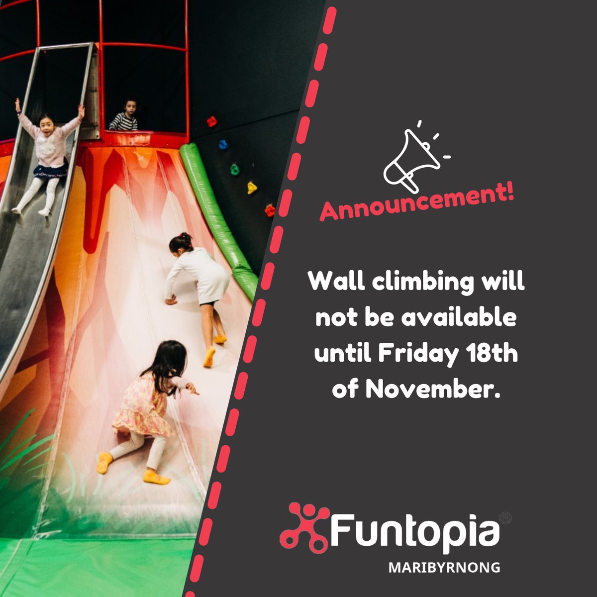 m_funtopia's tweet photo. Announcement 📢 Wall climbing will not be available until Friday 18th of November. 

No worries! There are still small walls available for young ones to climb! Make sure to book the playground, see yah! 😉 
🌏 link in bio
☎️ 03 9317 0413
📍 98 Hampstead Road, Maidstone, 3012
. https://t.co/yIPOk93ZMT