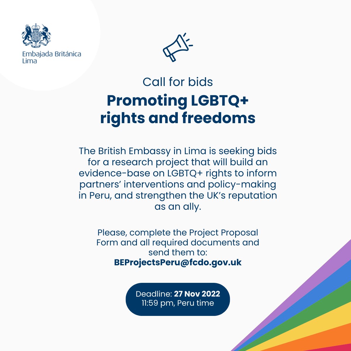 UKinPeru's tweet photo. #CallForBids

We would like to support the production of an evidence-based scoping report, which makes recommendations for future work on LGBTQ+ rights 🏳‍🌈 to inform interventions and policy-making. 🇬🇧🇵🇪

More information ➡  https://t.co/hqSglrCiWW https://t.co/s5ftahdlex