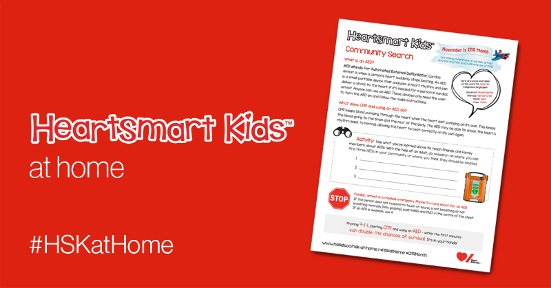 HeartandStroke's tweet photo. In celebration of #CPRMonth, learn more about automated external #defibrillators or #AEDs by downloading our new HSK activity sheet! ❤️ Don’t forget to use #HSKatHome to share a photo of your sheets!