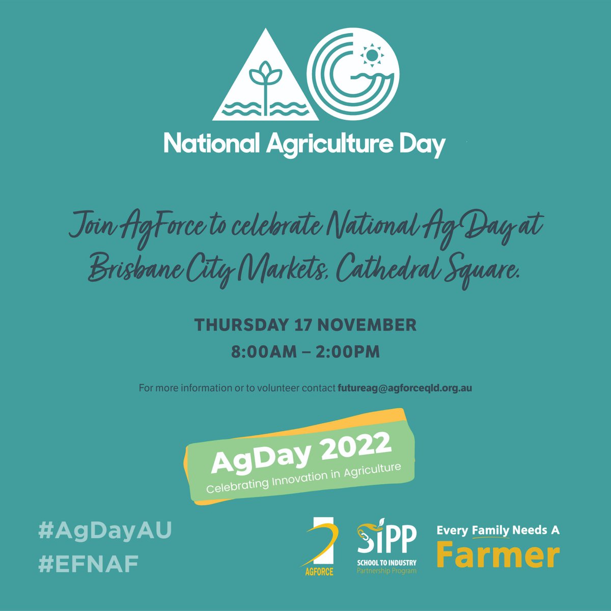 AgForceQLD's tweet photo. Join us for National Ag Day at Brisbane City Markets, Cathedral Square. Thursday November 17 8am - 2pm #nationalagday #agriculture #farmer #agforceqld #brisbane #Australia #Queensland #industry #farmlife #agday2022 https://t.co/q3V1X4tG7o