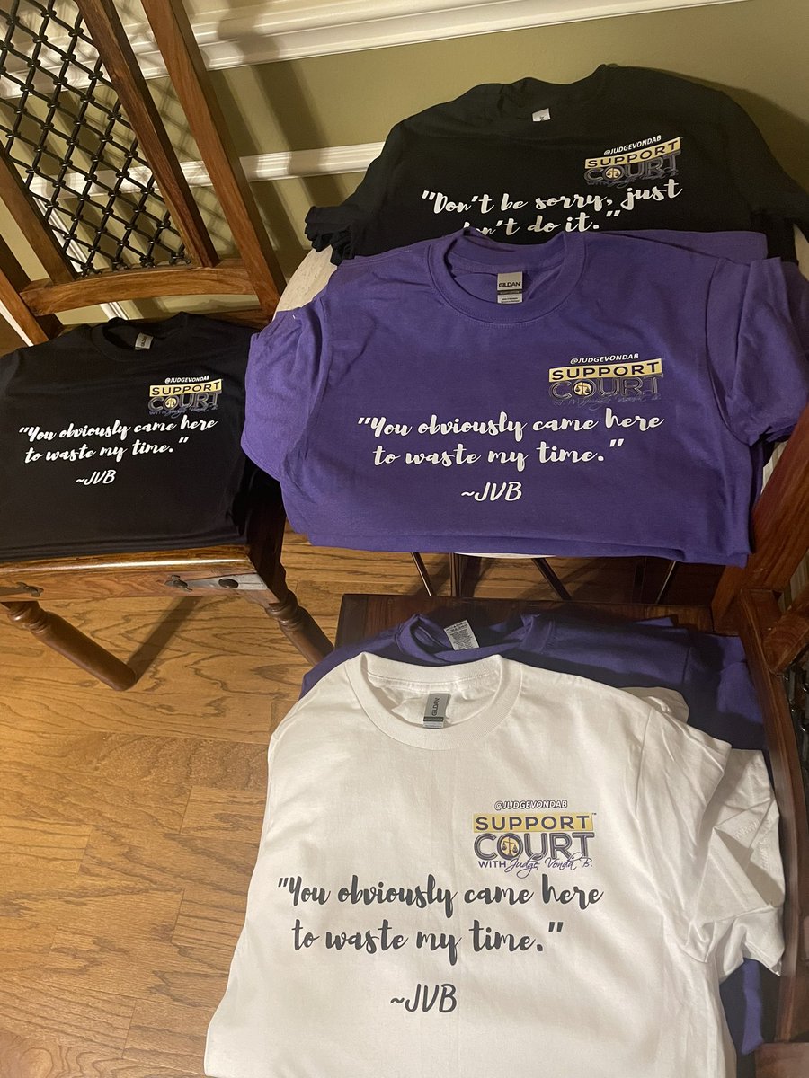 JudgeVondaB's tweet photo. 🚨Merch Alert🚨These are the official Support Court with Judge Vonda B. t-shirts (trademarked logo and social media handle on each shirt).

The shirts will be available for purchase online starting in early December, just in time for the holidays! ~JVB👩🏽‍⚖️ https://t.co/xCcqXPB7s0