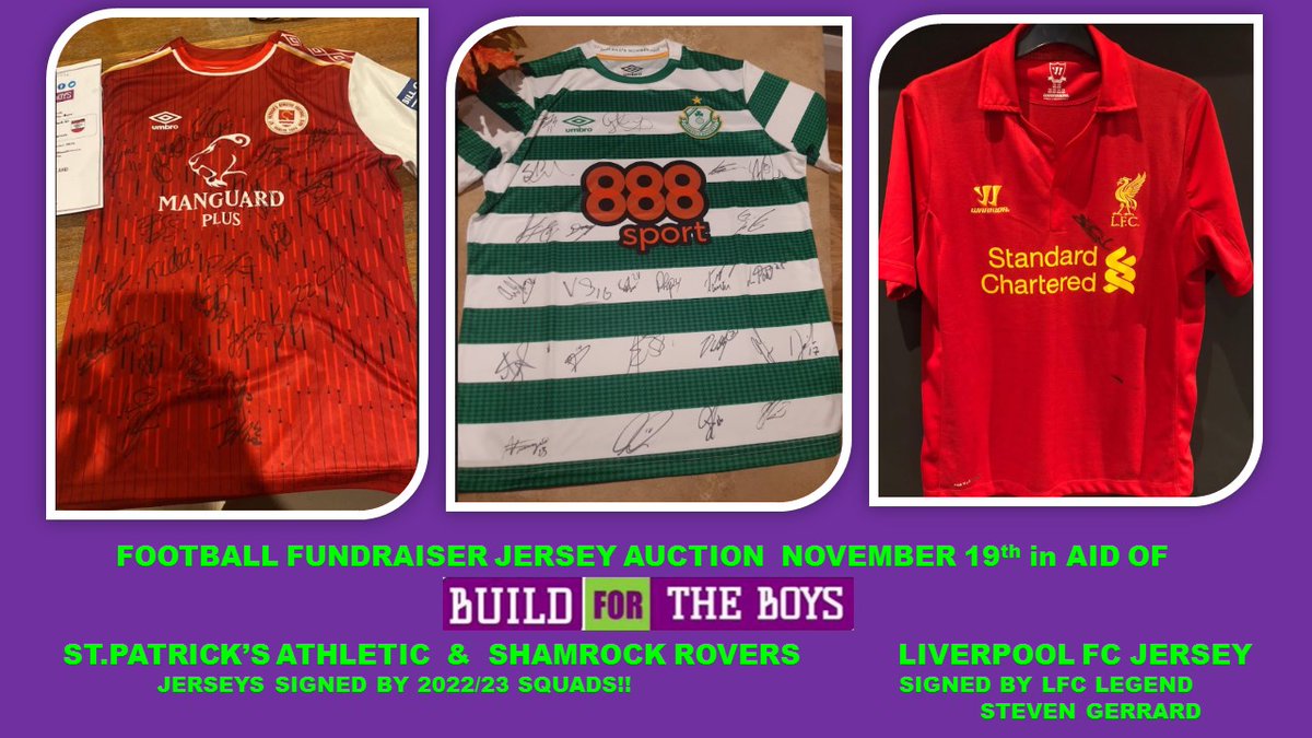 buildfortheboys's tweet photo. See our 'Football Fundraiser Jersey Auction' to follow the challenge match on Nov19th. To register an opening &amp; maximum online bid for any of the jerseys, follow the link below. Thank you to all supporting this event in aid of 'Build for the Boys' 💜💚
https://t.co/H8E5m17sEw https://t.co/z0n8YAbAsz