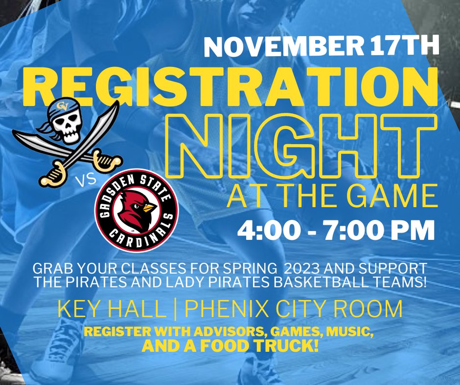 Chattahoochee Valley (@cvccpirates) on Twitter photo Join us this Thursday night for a registration event with advisors before the Pirates first conference game of the season against the Gadsden State Cardinals!  This will be a great time to get your Spring classes as well as watch your Pirates and Lady Pirates teams! Join us this Thursday night for a registration event with advisors before the Pirates first conference game of the season against the Gadsden State Cardinals!  This will be a great time to get your Spring classes as well as watch your Pirates and Lady Pirates teams!