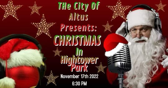 Join the City of Altus for the 2022 Christmas in the Park Lighting on November 17th at 6:30 PM. 

Special appearance by the big man himself SANTA!!!

We will also have Horse Drawn Carriage
6:30 PM - 9:30 PM

For more information go to 
altusevents.com/christmas-in-t…