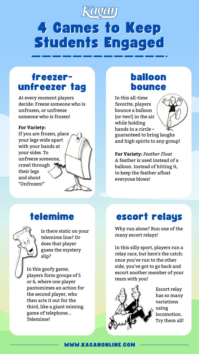 KaganOnline's tweet photo. Teachers who do frequent brain breaks develop a more engaging, fun class that achieves at a higher level! These 4 games refresh and nourish the brains of students so they are more capable and alert 🧠

Learn more at the link below!

https://t.co/bQp09MApwK

#kaganstructures https://t.co/C1OZGsKsfq