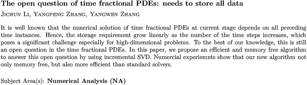 arxiv.org/abs/2211.07620…
J Li et. al.
The open question of time fractional PDEs: needs to store all data
