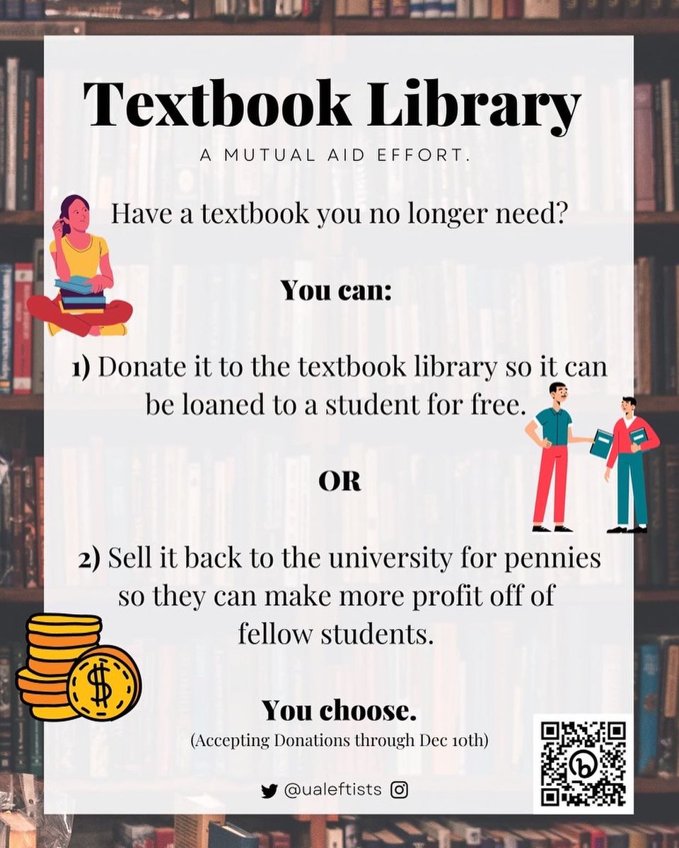 ualeftists's tweet photo. A reminder that we will not be having a general meeting this week; however, you can meet us tabling this Thursday at the Student Center! 

We will be accepting donations for our Textbook Library through December 10th.

Book club will be on hiatus until after finals. https://t.co/frXLvXsZhs