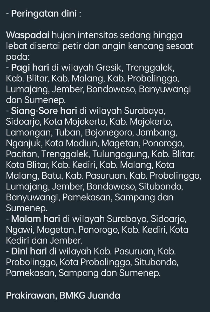 infobmkgjuanda's tweet photo. RESUME 
PRAKIRAAN #CUACA #JATIM 
16 NOVEMBER 2022

Selamat pagi...
Berikut kami sampaikan
Resume Prakiraan Cuaca Hari Ini

Smg bermanfaat 😉

'tuk prakiraan lengkapny silahkan cek postingan kami sblmnya

https://t.co/PVDUWWcbwT

#InfoBMKGJuanda
#InfoCuaca
#PrakiraanCuacaJatim https://t.co/f6r98ebACU
