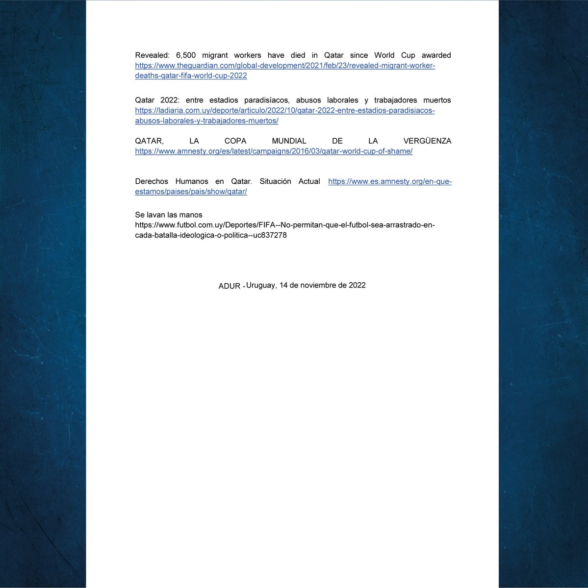 Declaración de ADUR ante las noticias que informan de las muertes de miles de trabajadores inmigrantes que, de una manera u otra, están vinculadas a la larga y penosa preparación de la infraestructura para la realización de la copa FIFA 2022.