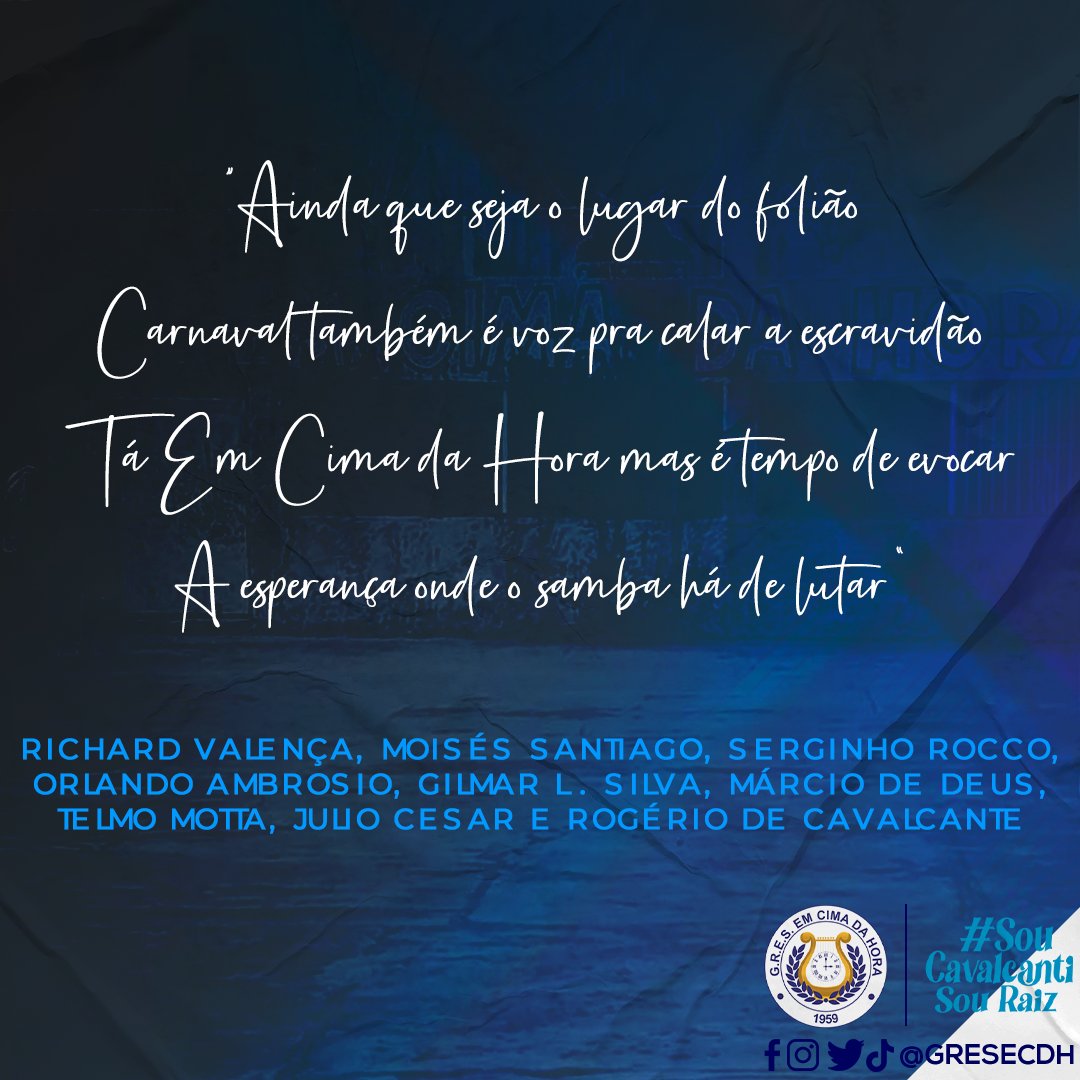 gresecdh's tweet image. Tai o campeão!
O samba que levaremos para o carnaval de 2023 é da parceria de Richard Valença!

&quot;Ainda que seja o lugar do folião
Carnaval também é voz, pra calar a escravidão
Tá Em Cima da Hora, mas é tempo de evocar
A esperança onde o samba há de lutar&quot;

#soucavalcantisouraiz