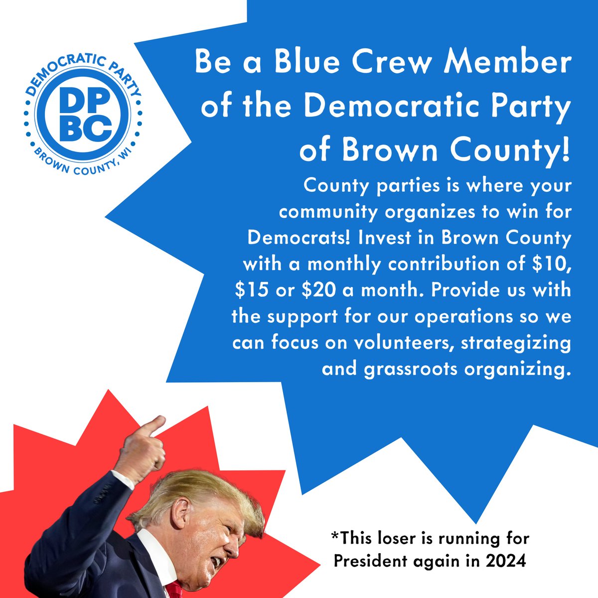 Blue Crew Members support the Democratic Party of Brown County with a recurring monthly contribution. 

#NeverTrump <a href="/WisDems/">Wisconsin Democrats</a> 

Make an investment in your county party so that we can work to make our community better. Click on the link below to get started!
secure.actblue.com/donate/bcdemss…