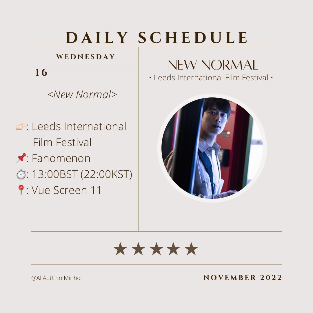 • NOVEMBER 16th •

~Minho’s schedule for today! Kindly spread the word❤️

🔘 New Normal at Leeds International Film Festival

📌: Fanomenon
🗓: Nov 16th / Sun
⏱: 13:00 BST / 22:00 KST
📍: Vue Screen 11

#MINHO #민호 #최민호 #CHOIMINHO
#ミンホ #NewNornal #뉴노멀 #Hoon #훈