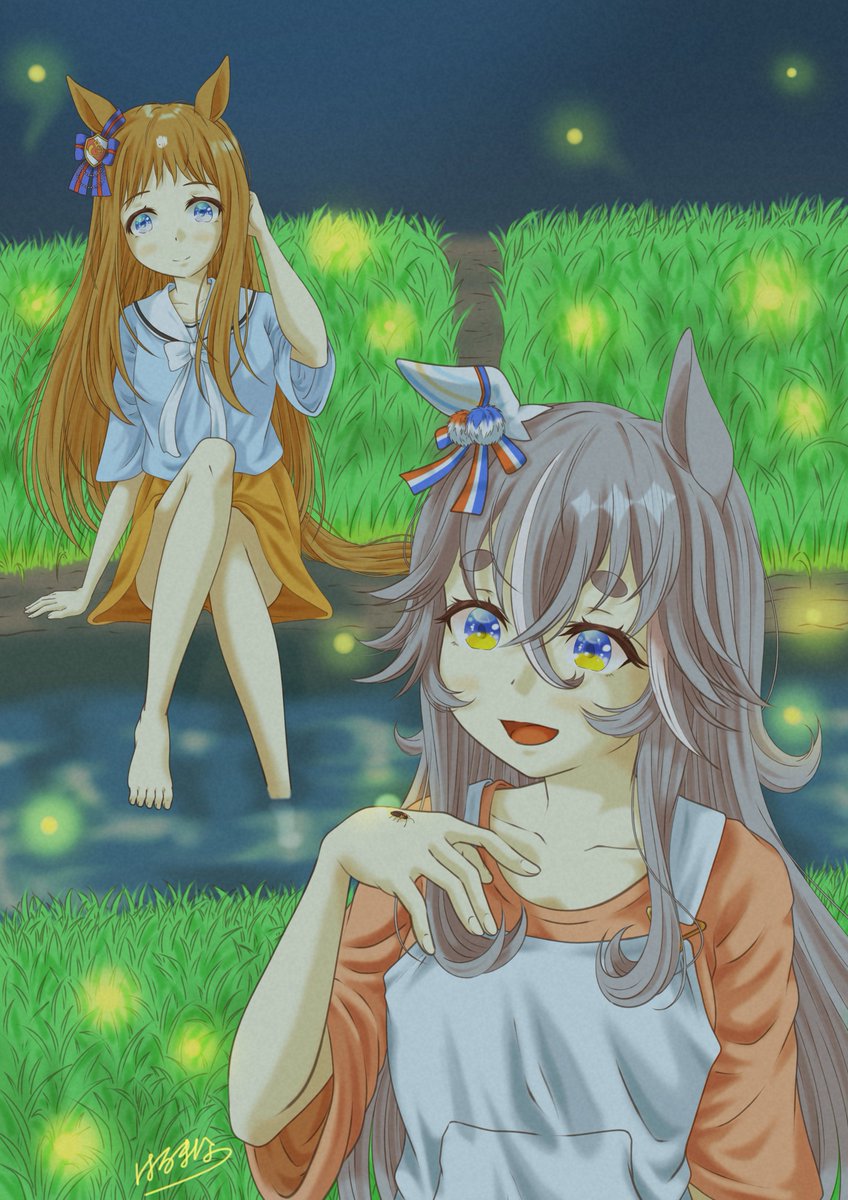 grass wonder (umamusume) multiple girls 2girls animal ears horse ears long hair fireflies blue eyes  illustration images