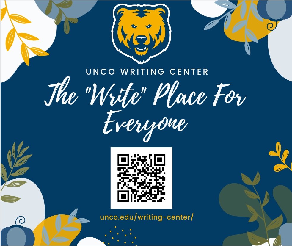 UncoWriting's tweet image. Good evening, Bears! Need help with all those pesky papers due at the end of the semester? Well come get help from the Writing Center to help make the end of your year much less stressful!