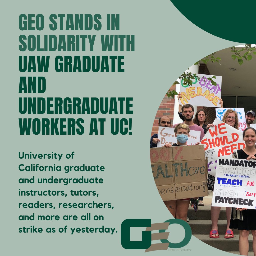 OhioU_GEO's tweet photo. GEO SUPPORTS UC GRADUATE AND UNDERGRADUATE ACADEMIC WORKERS!!!
Starting yesterday UAW graduate and undergraduate instructors, tutors, readers, researchers, and more went on strike at UC. These workers deserve our support as they fight against the UC’s unlawful bargaining tactics. https://t.co/3owR8NKaff