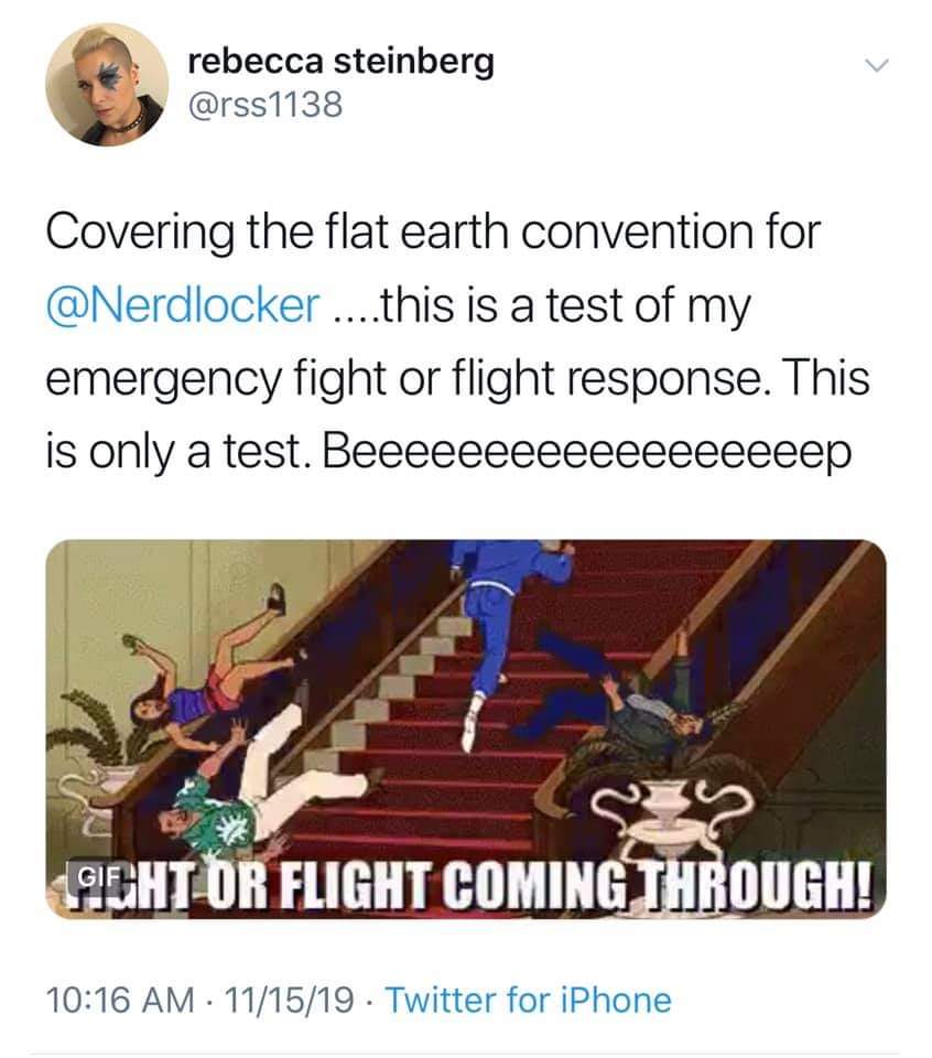 rss1138's tweet photo. @GailSimone Weirdly, this is the anniversary of the weekend I spent reporting on the Flat Earth Convention! The things I saw, and heard... there are no words to truly convey, but I tried my best. Here was my morning tweet from the second day of live coverage. 
https://t.co/vMRh31XdxS https://t.co/fPOXH5ig4J