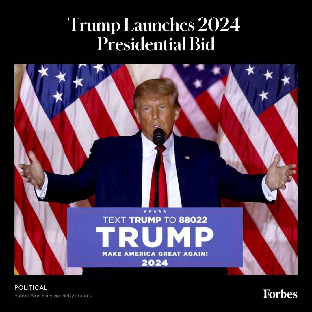 Forbes's tweet photo. Former President Donald Trump is making another run for president, setting off what's expected to be a fiery and highly competitive 2024 Republican presidential contest. https://t.co/4eJiWMERQr https://t.co/9t8Jp48RSs
