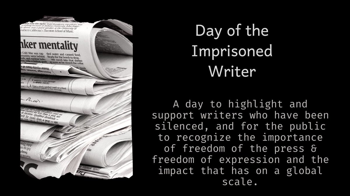 Today is #DayOfTheImprisonedWriter. It brings awareness to the importance of the free press and self-expression through the written word, as well as highlights those who have been jailed or murdered for trying to report the truth and their own experiences. #ProtectWriters