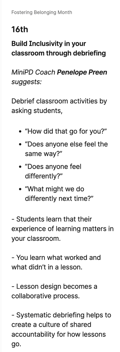 MyMiniPD's tweet photo. 💭 Today's #MiniAction for #FosteringBelonging in your #IntlSchool from a #MiniPDCoach
 
📆 #MiniPD offers a monthly calendar highlighting daily actions and resources to support #ProfessionalGrowth and #StudentLearning: https://t.co/1OSmfDq8x6 https://t.co/pJw8c98o0o