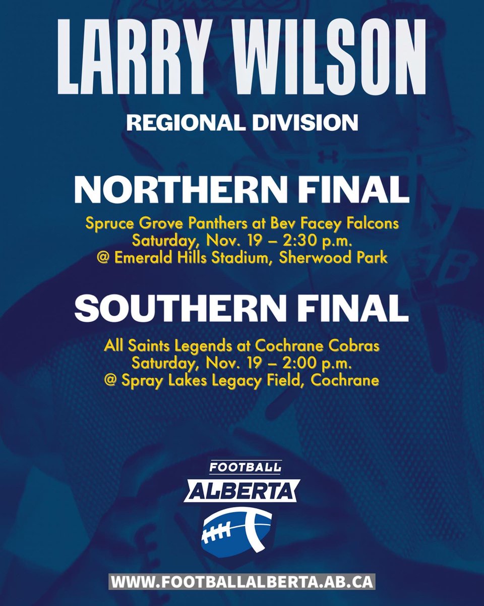 FootballAlberta's tweet photo. Here’s the Larry Wilson Regional matchup this weekend.
🏈
Please note that no Six-A-Side games will be played this weekend as they get ready for the Alberta Bowl. Good luck to all teams!
🏈🏈
#football #footballalberta #provincials2022 #albertabowl2022 #highschoolfootball #asaa https://t.co/LMQaURca7f