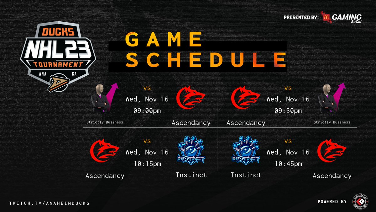 Ascendancy (@ascendancynhl_) on Twitter photo Strictly Business and Instinct to start week 2 of the <a href="/ducksgaming/">Sitting Ducks Gaming</a> #NHL23 tournament by <a href="/McDonalds/">McDonald's</a> of Southern California powered by <a href="/leaguegaming/">Leaguegaming</a> Strictly Business and Instinct to start week 2 of the <a href="/ducksgaming/">Sitting Ducks Gaming</a> #NHL23 tournament by <a href="/McDonalds/">McDonald's</a> of Southern California powered by <a href="/leaguegaming/">Leaguegaming</a>