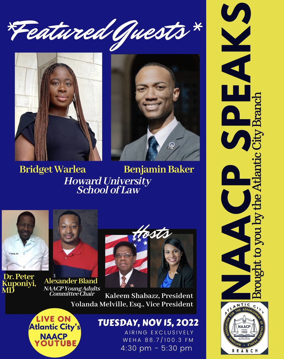 “NAACP SPEAKS" Radio Show
Tuesday, November 15, 2022
4:30PM - 5:30PM ET

Stream at radio station: @WEHAVEGOSPEL 88.7 FM &amp; 100.3 FM 

Viewers can also watch on our YOUTUBE! LINK IN BIO — bit.ly/NAACPAtlanticC… 
(Please Subscribe &amp; Share!)