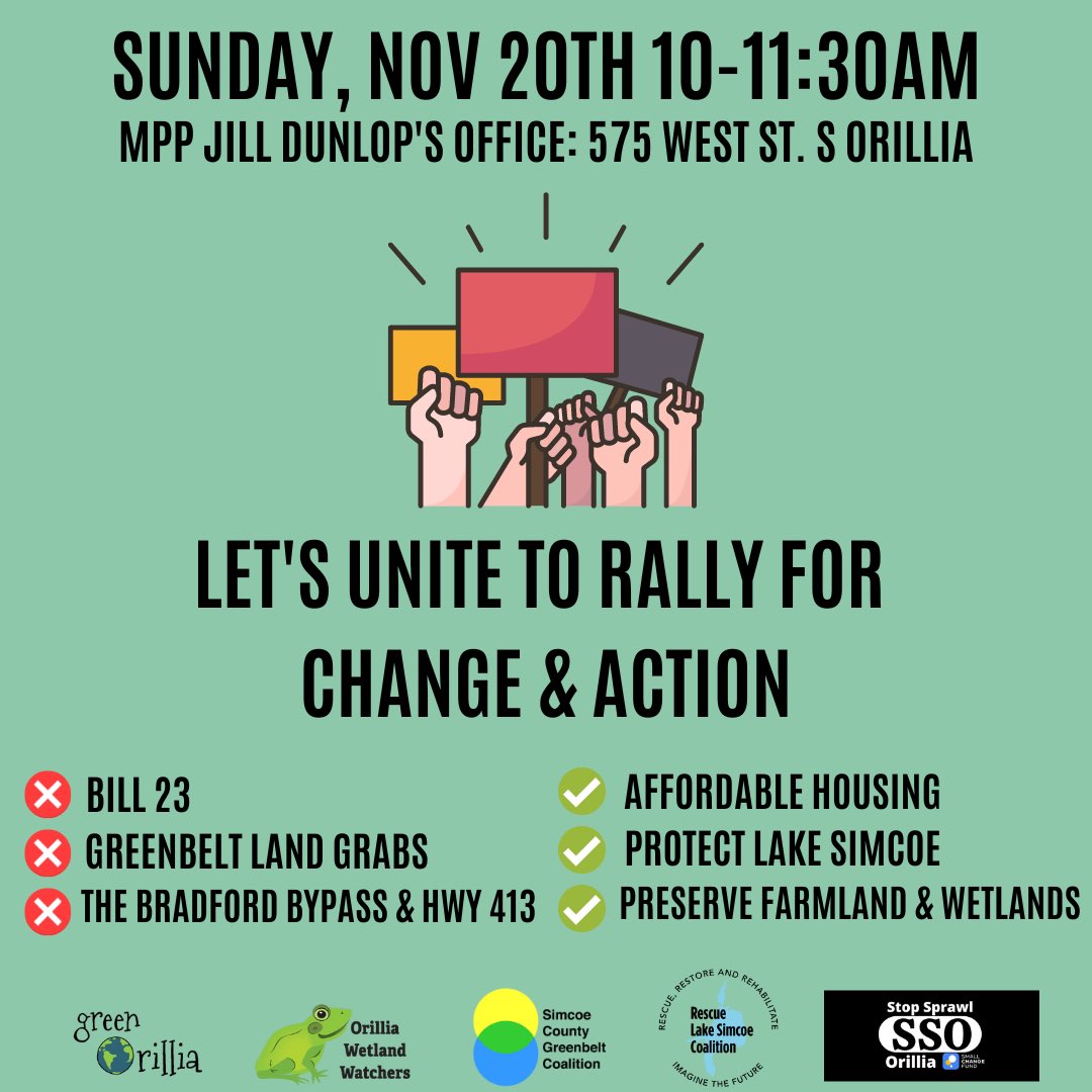 THIS SUNDAY!!! Rally for change & action! Help us stand up for #cancelbill23 #HandsofftheGreenbelt #savedontpave #stopsprawl #stopthebradfordbypass #stopthe413 💪💪