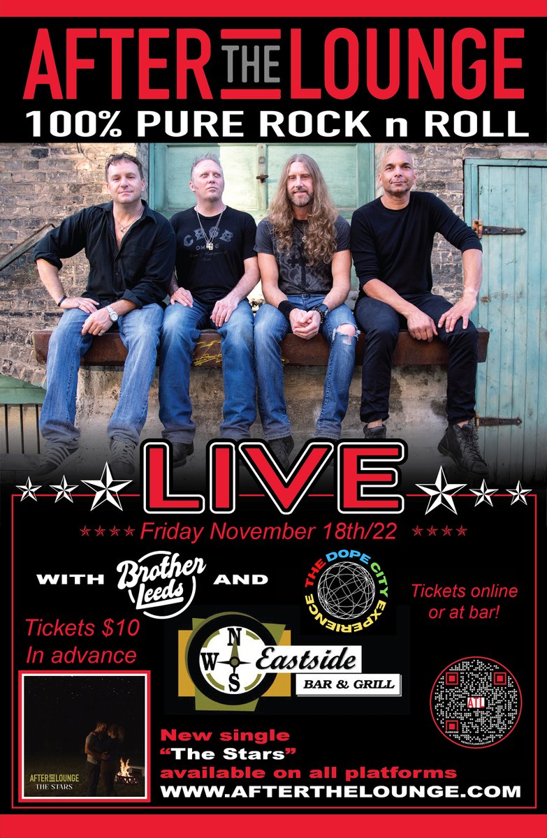 AFTER THE LOUNGE (@afterthelounge) on Twitter photo Fri. Nov. 18th Coming up in less than two weeks! Get your tickets online or at Eastsides! We look forward to seeing you all and performing! Our friends <a href="/BrotherLeeds/">Brother Leeds is a Band</a> and The Dope City join us! <a href="/London_Events/">londononevents4u</a> <a href="/EastsidesLondon/">Eastside Bar & Grill</a> <a href="/ClassicRock981/">Classic Rock 98.1</a> Fri. Nov. 18th Coming up in less than two weeks! Get your tickets online or at Eastsides! We look forward to seeing you all and performing! Our friends <a href="/BrotherLeeds/">Brother Leeds is a Band</a> and The Dope City join us! <a href="/London_Events/">londononevents4u</a> <a href="/EastsidesLondon/">Eastside Bar & Grill</a> <a href="/ClassicRock981/">Classic Rock 98.1</a>